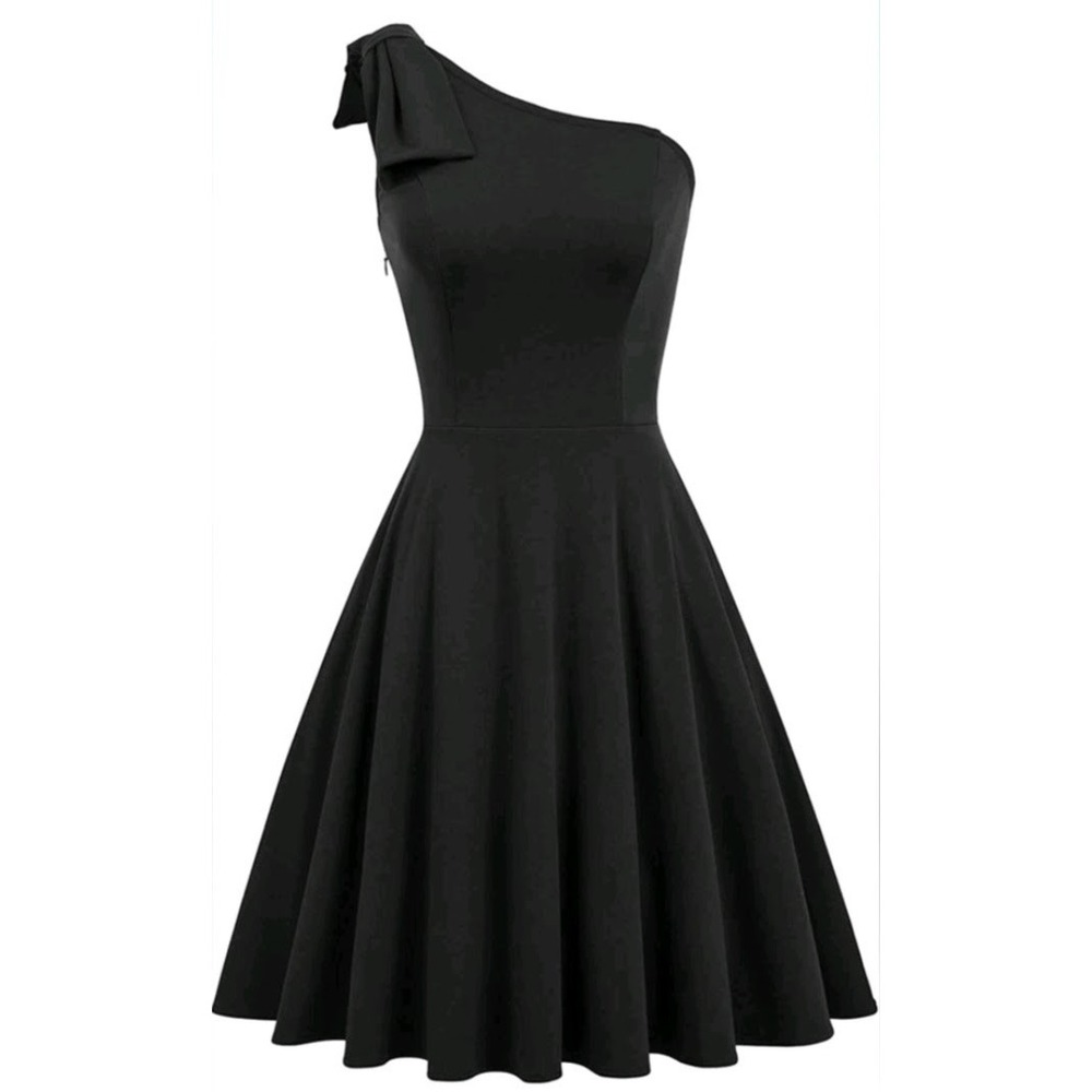XL JASAMBAC Charming modern solid black dress sleeveless one shoulder fit flare - Picture 2 of 5